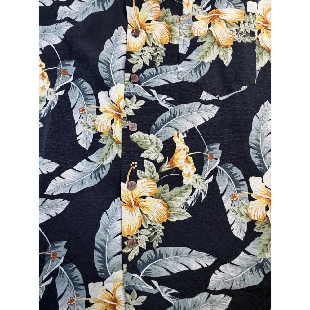 Bermuda Bay Mens XL‎ 100%Silk Hawaiian Shirt Black Yellow Hibiscus Floral Marlin